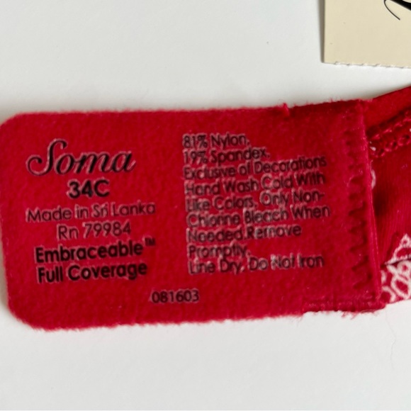 NWT Soma Size 34C Embraceable Full Coverage Underwire Merry & Bright Ruby Bra - Picture 4 of 11